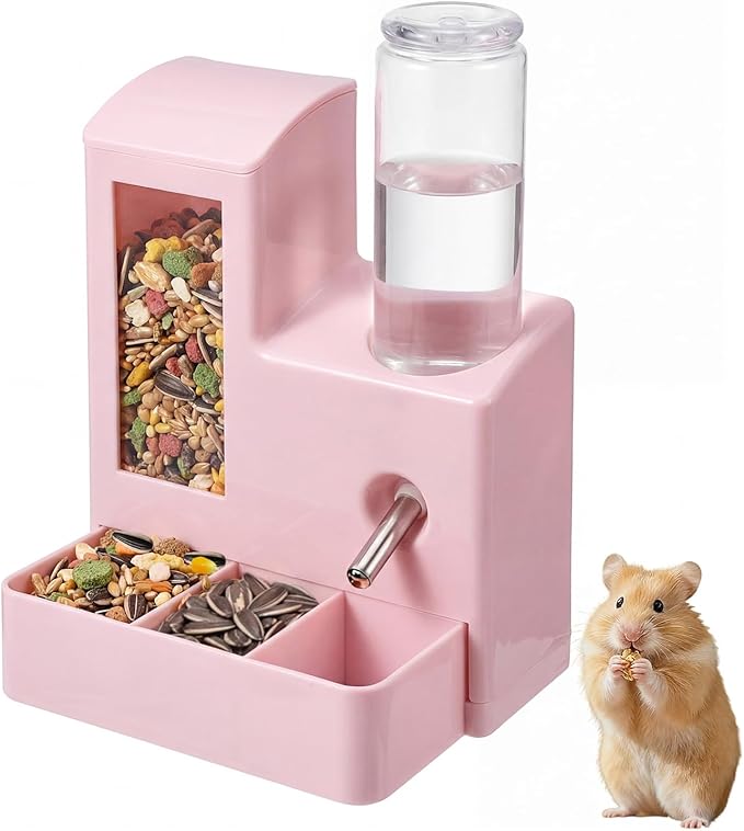 2 in 1 Hamster Water Bottle, No Drip 120ml Hamster Water Bottle, Gravity Hamster Food Bowl with Snack Bowl, Hamster Cage Accessories for Cage for Guinea Pigs