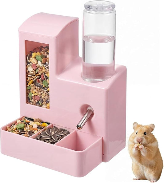 2 in 1 Hamster Water Bottle, No Drip 120ml Hamster Water Bottle, Gravity Hamster Food Bowl with Snack Bowl, Hamster Cage Accessories for Cage for Guinea Pigs