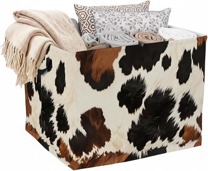 56L Cow Print Laundry Basket Clothes Hamper with Handles,Foldable Blanket Storage Large Laundry Hamper with Waterproof,Toy Storage Bin Organizer,Cube Clothes Organizer,Home Decor Gifts