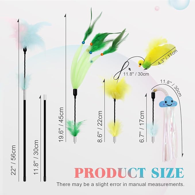 SONGWAY Cat Feather Wand Toy - Cat Teaser Toy Wand with 4 Flexible Feather Teaser Refills, Interactive Cute Tassel Cat Toys for Indoor Cats Kittens