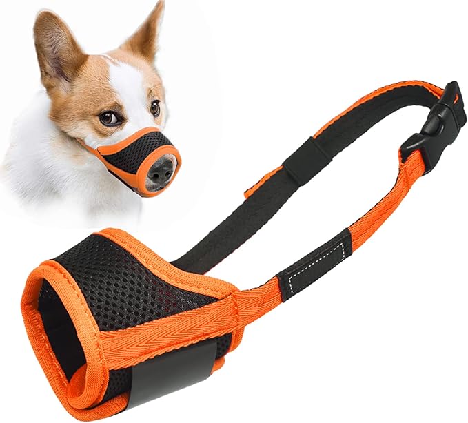 LUCKYPAW Dog Muzzle Anti Biting Barking and Chewing with Comfortable Mesh Soft Fabric and Adjustable Strap, Suitable for Small, Medium and Large Dogs(Orange,XS)