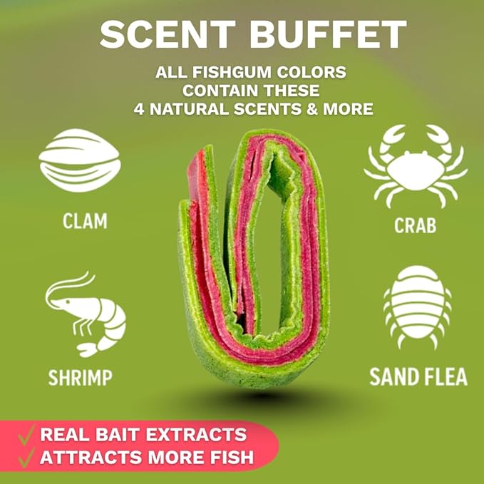 FishGum Surf Fishing Bait Strips for Saltwater Beach Fishing – Real Shrimp, Crab, Clam & Sand Flea Infused Scent – Artificial Cut Bait for Pompano, Redfish & Flounder