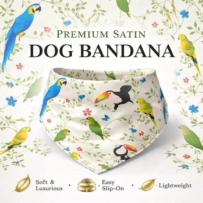 Luxury Satin Dog Bandana – Slip-On Collar Style, Premium Pet Scarf for Medium, Large & XL Dogs – Special Occasion Accessory (Collar Not Included) (Medium - Extra Large, Toucan (G) Luxe - Satin)