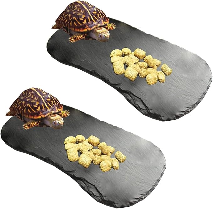 Reptile Basking Platform 11''x5.5'' Turtle Rock Plate Feeding Food Bowl Dish Feed Slate Tortoise Bathing Resting Slab for Lizard Gecko Bearded Dragon Chameleon Snake Frog-2Pcs