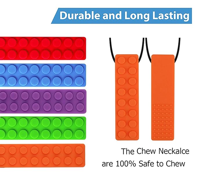Sensory Chew Necklaces, 5 Pack Bundle Colorful Chew Necklaces for Sensory Kids, Perfectly Textured Silicone Chew Toys for ADHD, Autism, Biting, Needs, Oral Motor, BPA Free