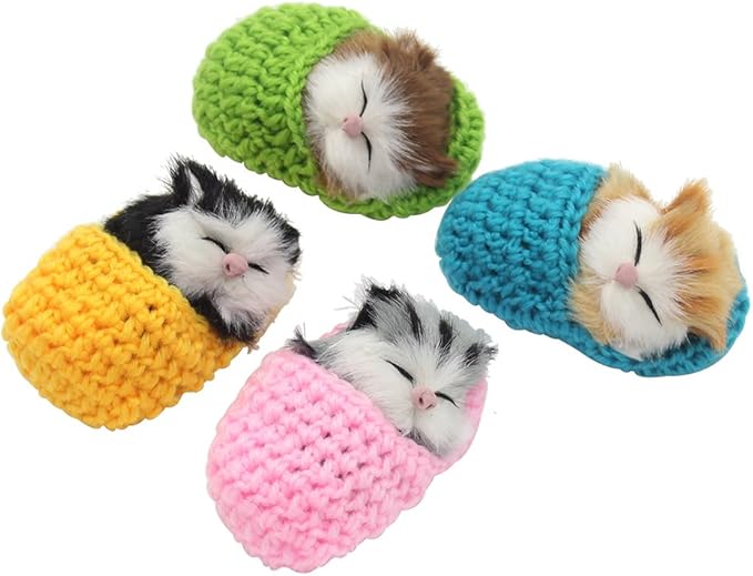 4Pcs Sleeping Cat in Slipper Doll Toy, Mini Kitten in Shoe with Meows Sounds Decor Hand Toy Gift for Kids Boys Girls