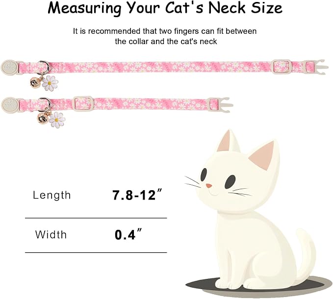 2 Pack Pink Cat Collars - Cute Bow & Daisy Breakaway Cat Collar with Bell & Matching Pendant, Soft Adjustable Spring Summer Girly Kitten Collars for Girl Cats