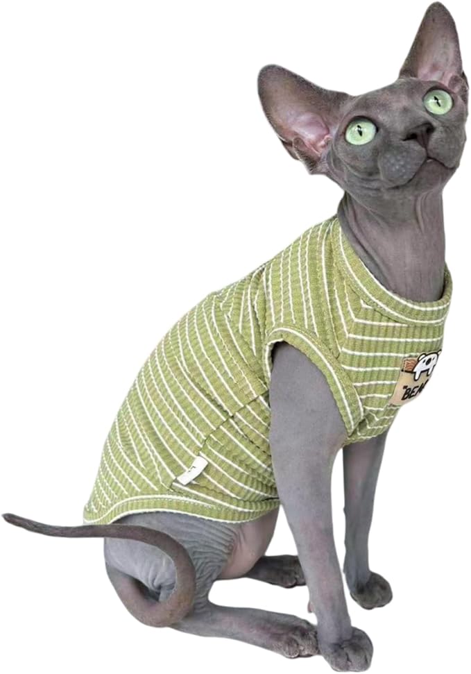 Green Stripe Sphynx Cat Vest Clothes for Hairless Cat T-Shirt Apparel | Sleeveless, Rib Knit, Thin for Summer, Cotton Blend
