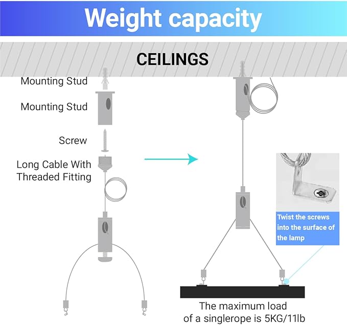 HAMRVL 4 Set Aquarium Light Suspension Cables Kit - Adjustable Steel Hanging Chains 5ft Lighting Fixture Chains,Heavy Duty Stainless Steel Rope for Commercial Aquarium Fish Tank Light LED Panel Light