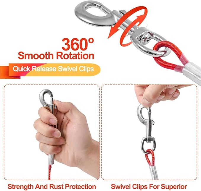 Tie Out Cable for Dogs,10/20/30/50/100FT Dog Leads for Yard Chew Proof,Heavy Duty Tie Out Cable for Large Dogs Up to 125lbs,Dog Runner Tether (Red, 125Ibs 10ft)