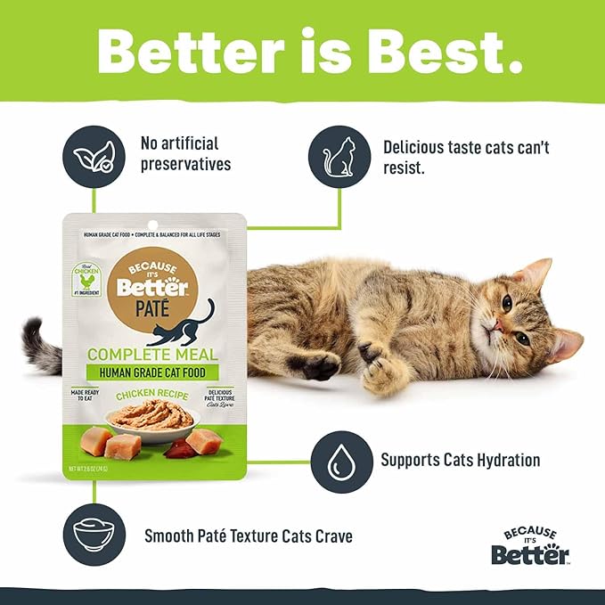 Because It’s Better Pate Complete Meal - Wet Cat Food - Real Chicken Recipe - Organic, Balanced, Smooth Pate Texture, Human-Grade Ingredients, Grain Free, 2.6 oz Pouches (12 Count)