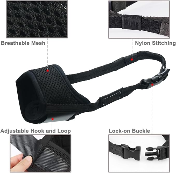 LUCKYPAW Dog Muzzle Anti Biting Barking and Chewing with Comfortable Mesh Soft Fabric and Adjustable Strap, Suitable for Small, Medium and Large Dogs(Red Trim,L)