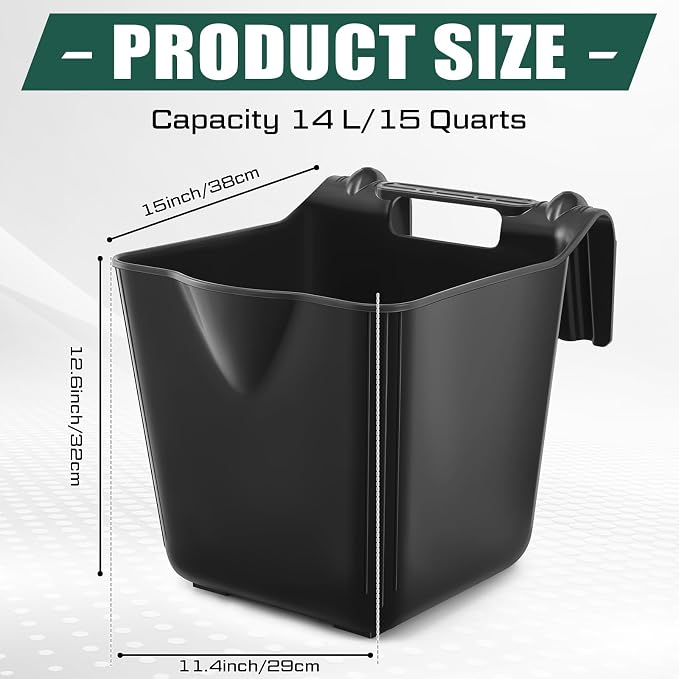 Marsui 1 Pcs 15 Quart Horse Feeders for Stall Hook Over Hanging Fence Hay Feeder Mountable Livestock Plastic Feed Bucket for Farm Stalls Pasture, Stable to Feed Horses Sheep Cattle Cows Etc (Black)