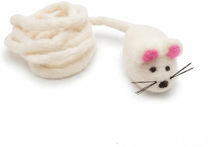 Glaciart One Felt Mouse Cat Toy – Soft Fuzzy Enrichment 100% Natural Wool - Interactive Catnip Play Cat Toy Set - Safe for Pets, Non-AZO Colored Dyes - 42” Long