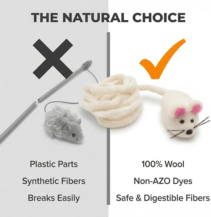 Glaciart One Felt Mouse Cat Toy – Soft Fuzzy Enrichment 100% Natural Wool - Interactive Catnip Play Cat Toy Set - Safe for Pets, Non-AZO Colored Dyes - 42” Long