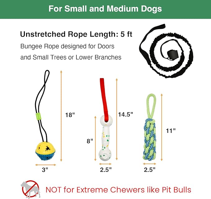 Interactive Dog Bungee Tug Toy, 4 Pieces Hanging Spring Pole for Puppy/Small/Medium Dogs, Outdoor Tether Rope for Yard Tree, Indoor Door Pull Toy for Self Play and Solo Exercise