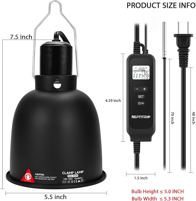5.5" Reptile Heat Lamp Fixture with PID Dimming Thermostat, Independent Day Night Temperature Control, MAX 100W (Bulb Not Included)