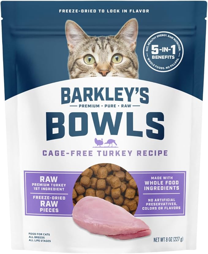 Barkley’s Bowls, Freeze-Dried Raw Turkey Cat Food, Fresh Whole Food Ingredients, Grain Free, High Protein for Balanced Feline Nutrition, Cat Treats or Topper, 8 Oz Bag