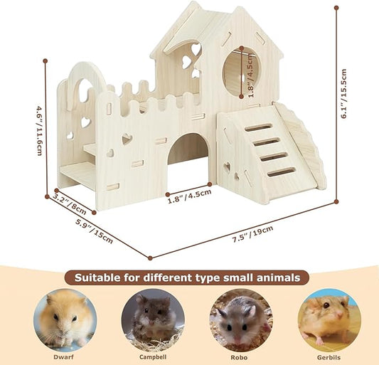Wood Hamster Hideout House Habitat Wooden Maze Hide Hut with Climbing Ladder and Platform Cage Accessories Toys for Dwarf Gerbils Mouse Mice Rat Other Small Animals etc.