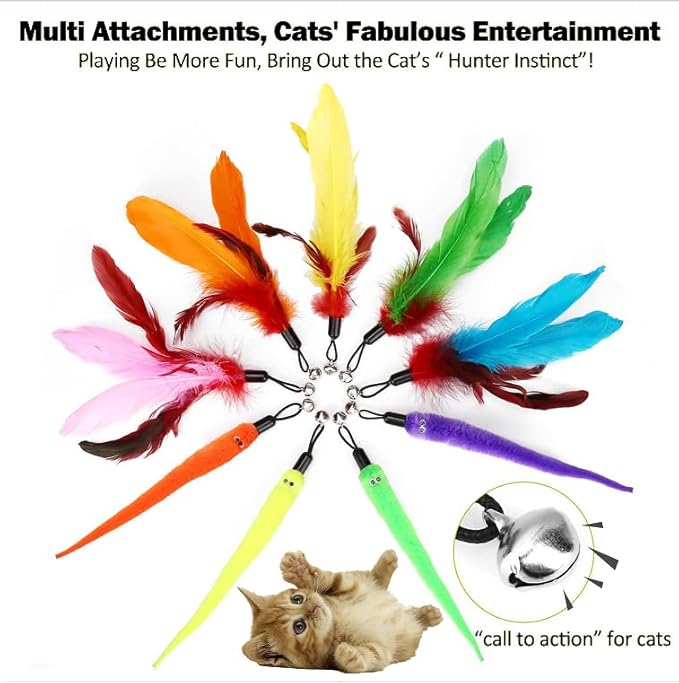Interactive Cat Toys - Retractable Wand Toy and Feather Toys Refills for Indoor Cats to Chase and Exercise
