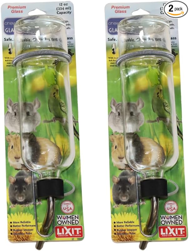 Lixit® Chew Proof Flat Sided Water Bottles for Rabbits, Ferrets, Rats, Birds, Hamsters, Guinea Pigs, Chinchillas Gerbils and Other Small Animals - Made in USA (Clear, 12 Ounce Pack of 2)