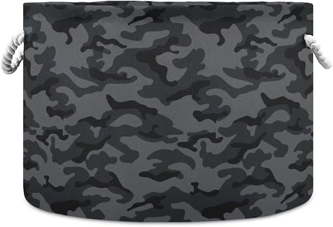 Black Gray Camo Print Round Storage Basket Military Camouflage Large Laundry Hamper 20 x 20 x 14 Inches Organizer Bin with Handles Clothes Storage Bag for Nursery Bedroom Living Room Decor