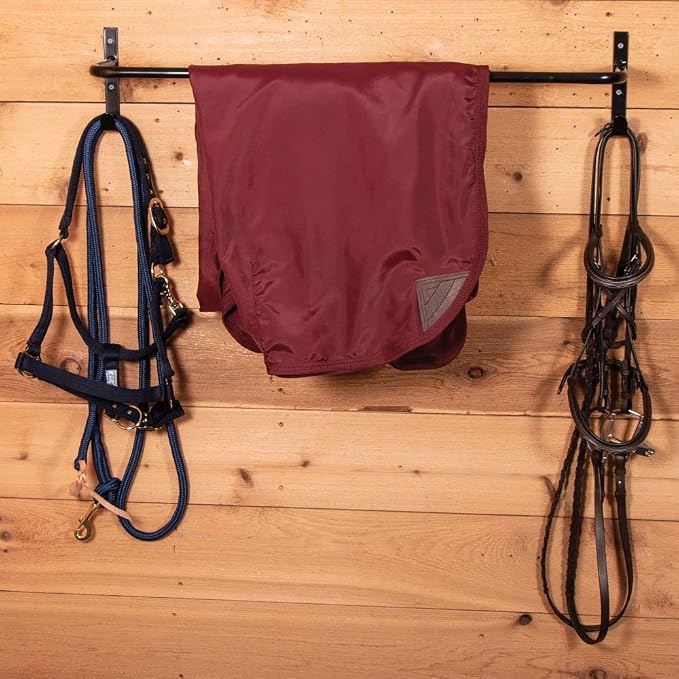 EASY-UP Horsewear Bar with Tack Hangers | Heavy-Duty Horse Blanket Rack | 34.25" Bar with Hooks for Halters & Leads | Mounts Easily to Stall Fronts | Ideal for Barn & Tack Room Use | Color Black
