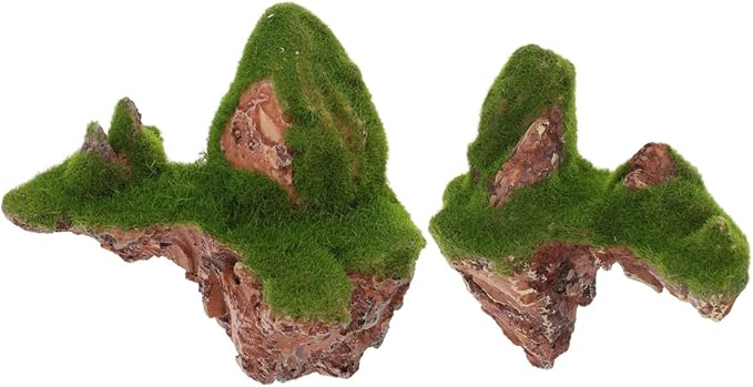 POPETPOP Floating Aquarium Rock Decorations, Set of 2 Suspended Moss Stones for Fish Tank, Avatar Style Floating Island Mountain, Yellow Ethereal Landscape Decor with Suction Cups
