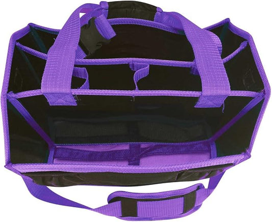 Country Pride Nylon Grooming Tote for Horses, Durable Mesh Bottom, Large Interior Compartments for Sprays and Bottles, Exterior Elastic Pockets, Detachable Padded Shoulder Strap,14"x12"x9" (Purple)