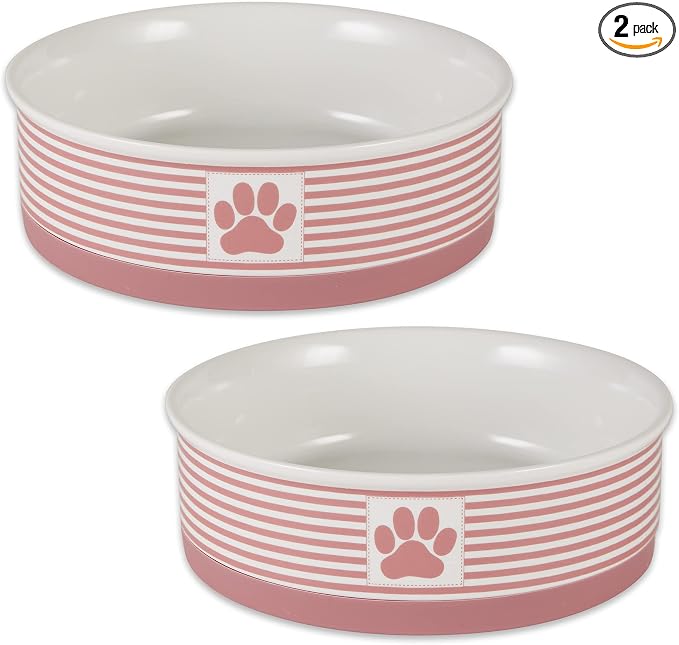 Bone Dry Ceramic Stripe Paw Pet Bowls Collection, Dishwasher Safe, Large, 7.5x2.4, Rose, 2 Count
