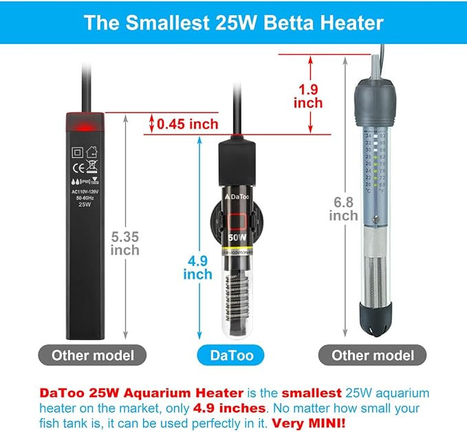 DaToo Mini Aquarium Heater 50W Small Fish Tank Heater 50 Watt with Free Thermometer Sticker