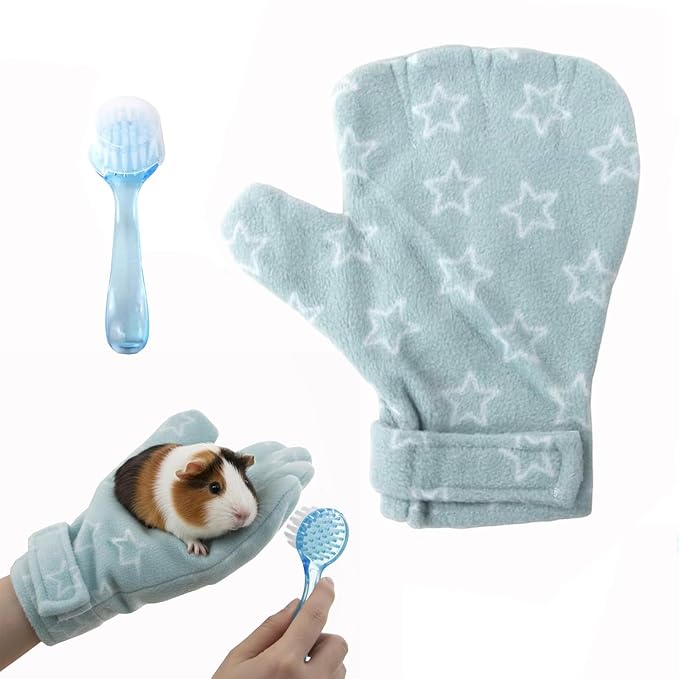 1Pcs Bite-resistant Gloves Adjustable Hamster Bite Proof Glove and Grooming Brush Set Soft Cleansing Brush Massage Combs, Guinea Pig Brush, Hamster Care Set for Hamsters, Ferrets, Hedgehog (Sky blue)