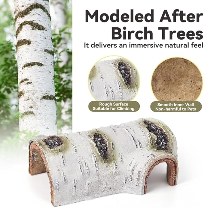 Artificial Birch Log Hide Reptile Shelter, Natural-Looking Reptile Hide for Bearded Dragons, Realistic Resin Hollow Log Hideout, Aquarium Resin Bark Decor