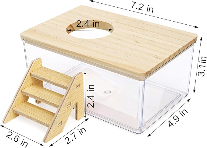Coloch Hamster Sand Bath Box with Wood Cover, Rectangle Clear Hamster Digging Sand Container with Climbing Ladder Multifunctional Plastic Guinea Pig Bathroom for Small Animals