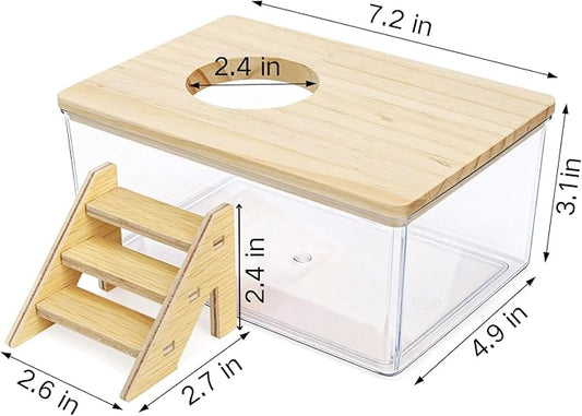 Coloch Hamster Sand Bath Box with Wood Cover, Rectangle Clear Hamster Digging Sand Container with Climbing Ladder Multifunctional Plastic Guinea Pig Bathroom for Small Animals