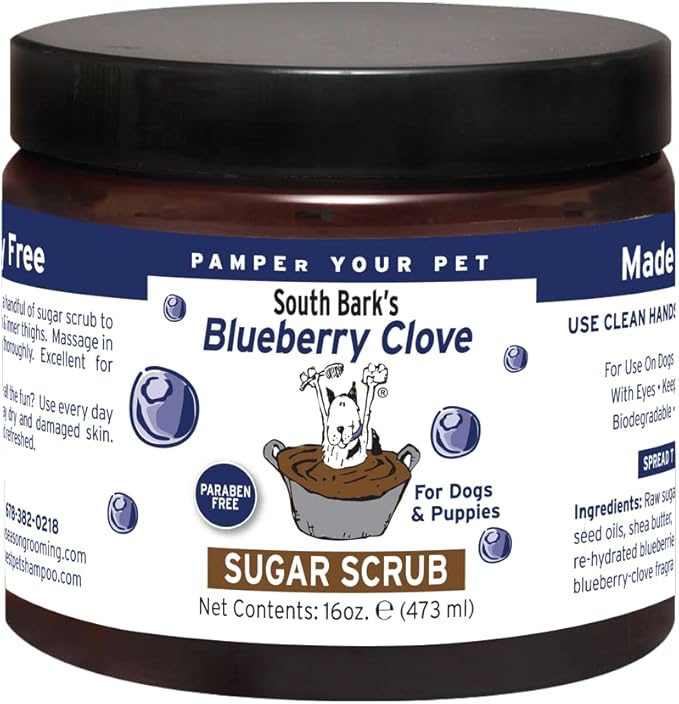 South Bark's 16 oz. Blueberry-Clove Sugar Scrub For Dogs | Long Lasting Softness | Paraben-Free | Biodegradable and Non-Toxic | Made In The USA
