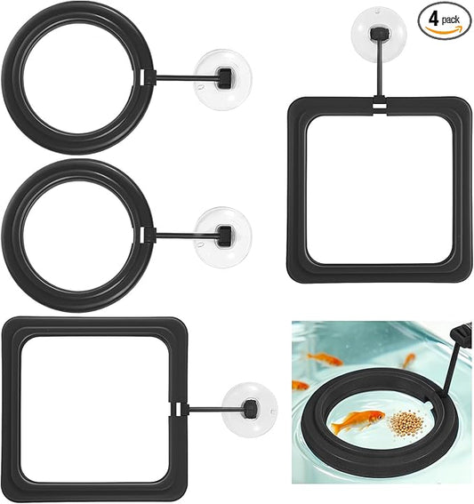 4 Pcs Fish Feeding Ring, Round & Square Floating Aquarium Feeding Ring with Suction Cup, Easy to Use for Betta, Goldfish, Guppy, Turtle & Small Fish (Black)