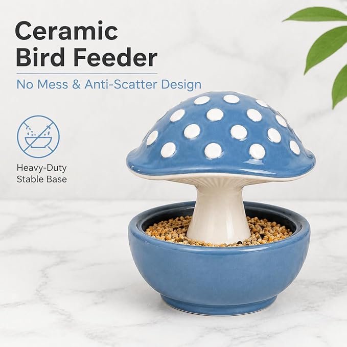 Cute Mushroom Ceramic Bird Water Dispenser & Seed Bowl, Premium Glazed Anti-Dust Feeding Dish for Small Parrots, Conures, Hamsters, Heavy Duty Cage Accessory