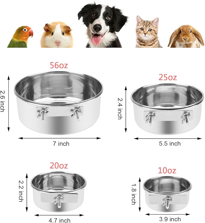 Wontee Pet Food Water Bowl with Clamp Holder Stainless Steel Feeding Cups Feeder for Dog Bird Parrot Cat Rabbit, 2 Packs (S)
