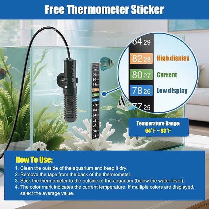 25W Mini Aquarium Heater Submersible Constant Temperature Fish Tank Betta Heater Free Thermometer Sticker Suitable for 1-6 Gallons Saltwater and Freshwater Tanks