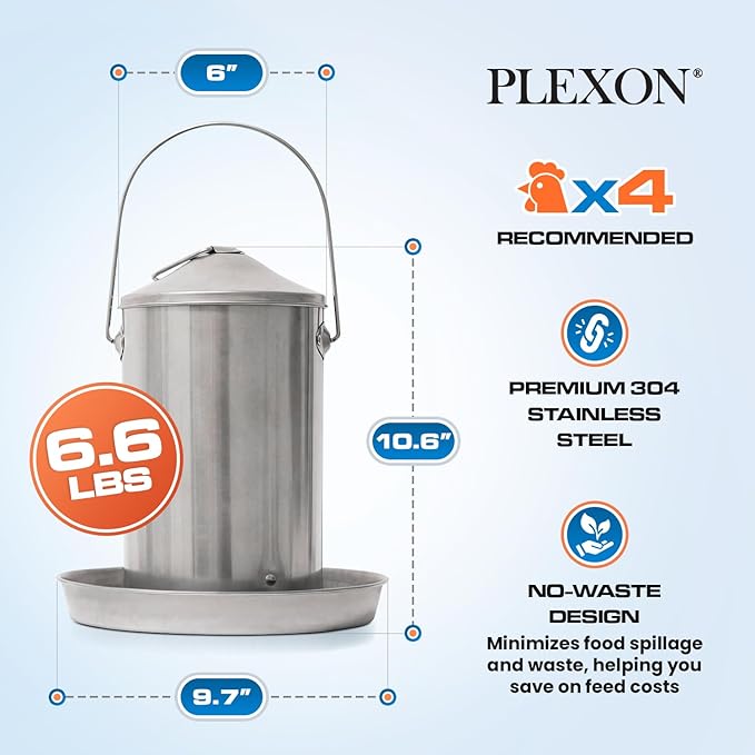 Plexon 6.6 Lb Hanging Chicken Feeder No Waste – Stainless Steel Poultry Feeder with Handle, Heavy Duty Metal Feeder for Chickens Ducks Turkeys, Backyard Coop