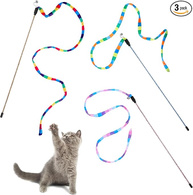 3 PCS Interactive Cat Rainbow Wand Toys, Interactive Cat Teaser Wand Toys for Indoor Cats and Kitten Extended Colorful Cats String Toy with Bells Teaser Wands String for Kitten Kitty Exercise Keep Fit