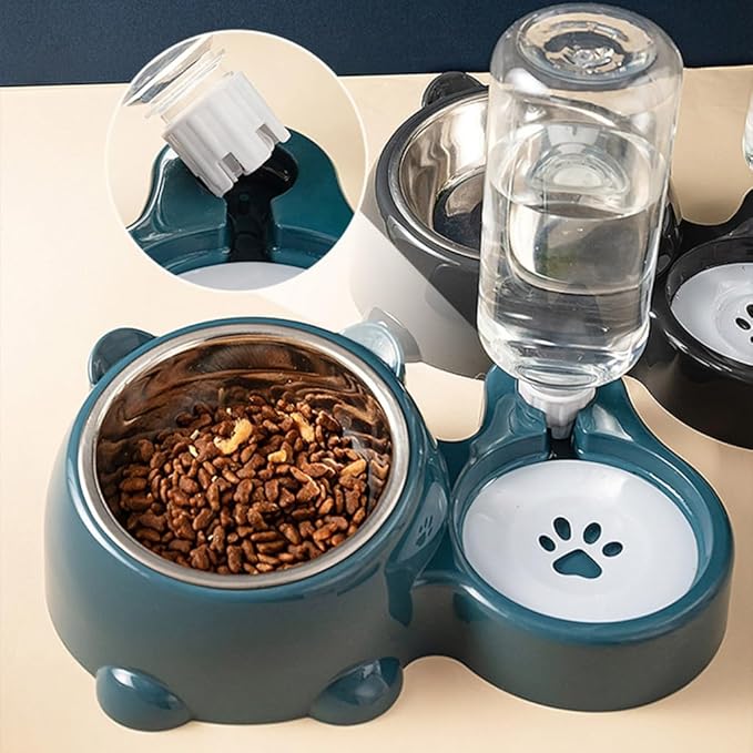 Automatic Refill Pet Water Bowl and Food Dish Set with Stainless Steel Removable Tray Anti Tip Base for Small Animals