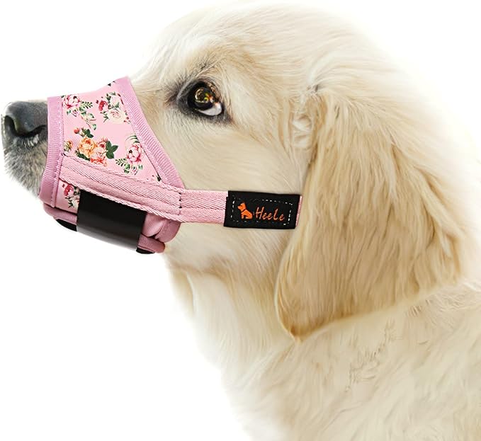 HEELE Dog Muzzle,Soft Nylon Muzzle Anti Biting Barking Chewing,Air Mesh Breathable Drinkable Adjustable Loop Pets Muzzle for Small Medium Large Dogs 4 Colors 4 Sizes (P-Pink Flower, XL)