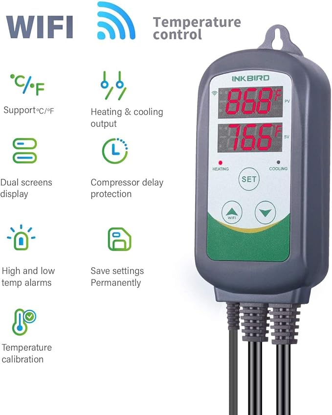 Inkbird WiFi ITC-308 Digital Temperature Controller Thermostat Remote Monitoring Controlling Home Brewing Fermentation Breeding Incubation Greenhouse