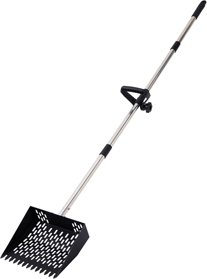 2-in-1 Chicken Poop Scooper & Rake - 10” Metal Chicken Poop Sifter Shovel with Fine Mesh, Pooper Scooper for Sand - Adjustable 39–67” Stainless Steel Handle, Animal Waste & Coop Cleaning Tool
