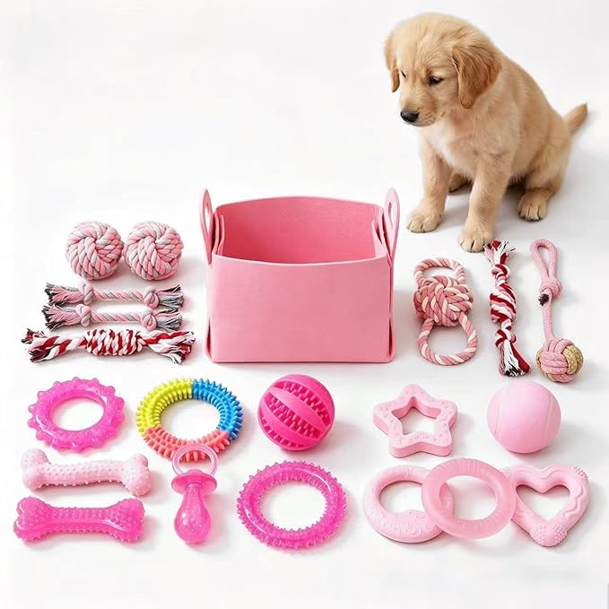 Puppy Toys Set - 20 Pack Pink Dog Chew Toys for Teething Small Breeds - Tough Rope Toys for Puppies, Cute Soft Rubber Toys Bundle with Basket for Girl Pets