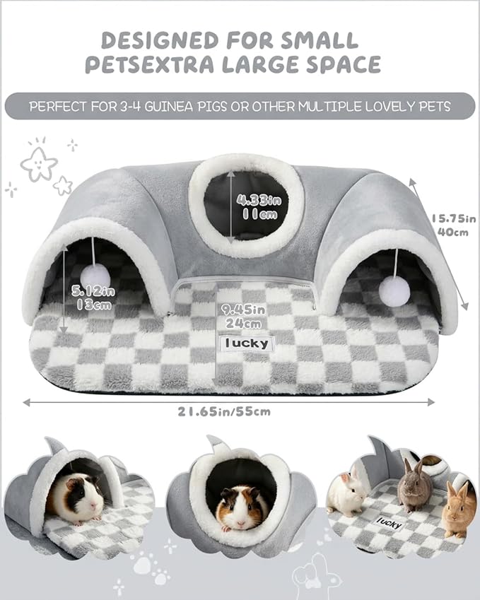 Extra Large Guinea Pig Hideout Tunnel, 3-Cave Small Animal Tunnel for Play Tube Toys Mat, Pet Tunnel for Dwarf Rabbits Bunny Chinchillas Hamsters Hedgehogs Ferrets,Grey, 22.05" × 16.14"× 5.51"