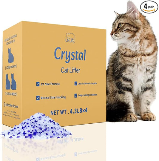 LMJP Crystal Cat Litter with Powerful Odor Control, Non-Clumping, Lasts Up to 4 Months, 17.2lb, Rapid Water Absorption, Unscented & Low Tracking Lightweight Blue & White Silica, 4 Pack of 4.3lb