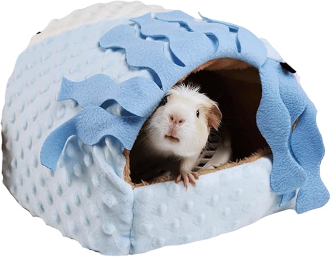 Warm Plush Guinea Pig Hut Habitat Hedgehog Hideout Rat House for Small Animal Rabbit,Washable Chinchilla Hamster Bed Cozy Nest Cage Accessories (Blue,Small)